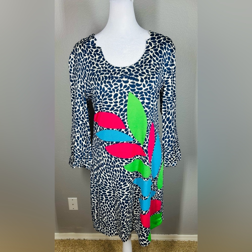 Lilly Pulitzer Angie Shift Dress Navy White Pink Green Leaf Pattern Midi Size M - Picture 2 of 14